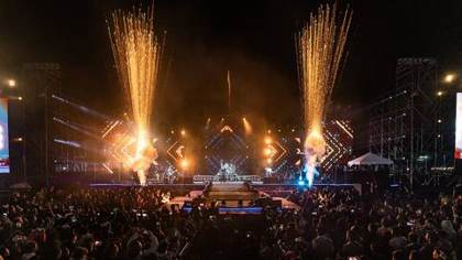 The festival stage at night